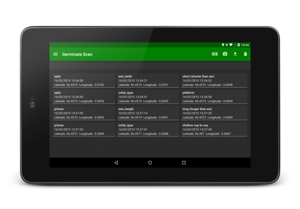Germinate Scan main screen on a 7inch tablet using the dark theme