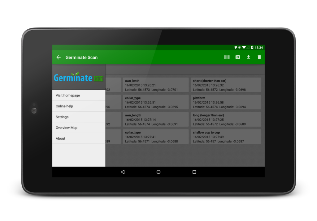 Germinate Scan application menu